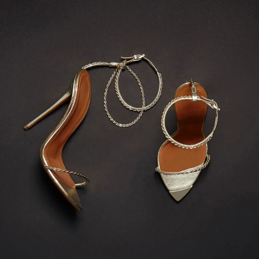 

Two slim lace straps kid leather chain embellishments supper high heels sandals for women