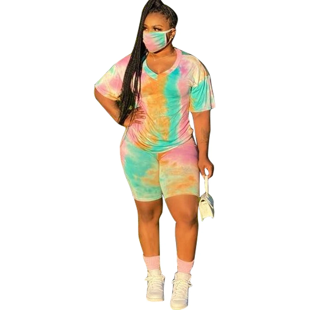 Wholesale Women Clothing Plus size Fat  Sleeves dye  Two Pieces Shorts Set Casual 2 Piece Women Outfit