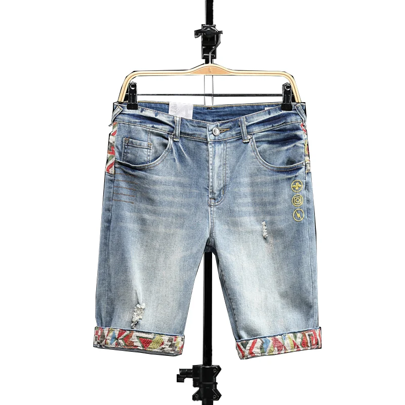 

Men's knee length letters embroidery Denim shorts Plus size Ripped Distressed patches slim straight denim jeans short, Picture color