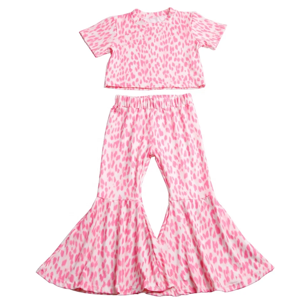 

2021 Kids Fashion Summer/Fall Pink Leopard Print Crop Top Match Bell Pants Set Wholesale Outfits Children Wear, Picture