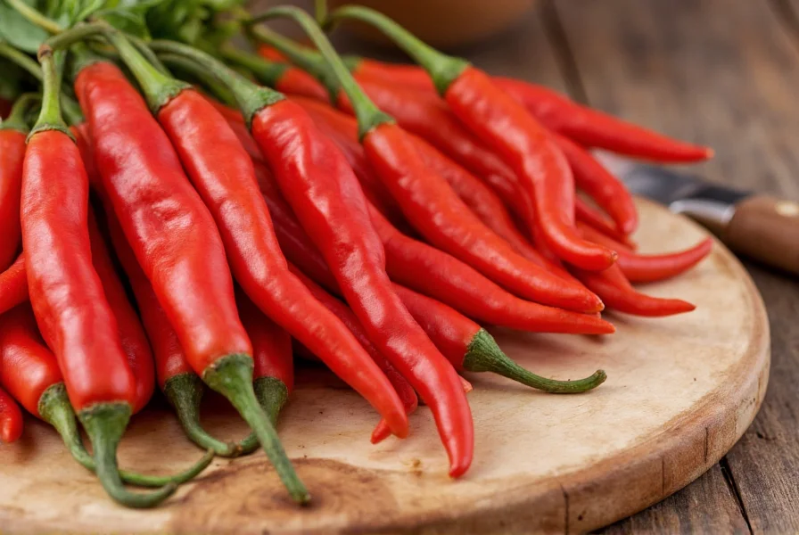 Close-up photography of fresh red bird chilies on a wooden cutting board with kitchen knife
