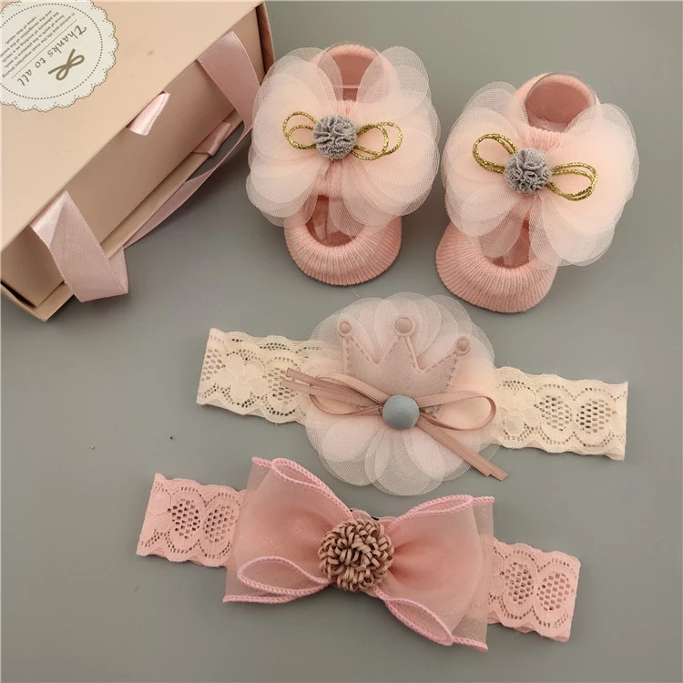 

2019 hot sale newborn baby sequin lace socks ,baby headband gift set, Website show