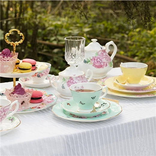 

On Sale 15 Pcs Luxury British Rose Pattern Ceramic Coffee & Tea Sets With Gold Handle