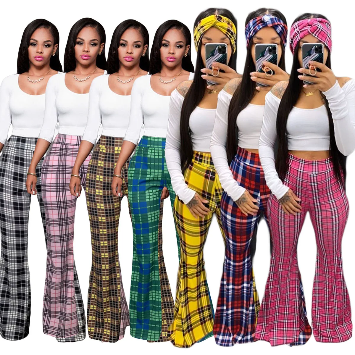 

2020 Summer New Arrivals Stretch Knitted Sexy Printed Flare Plaid Long Wide Leg Pants Women, Multi colors