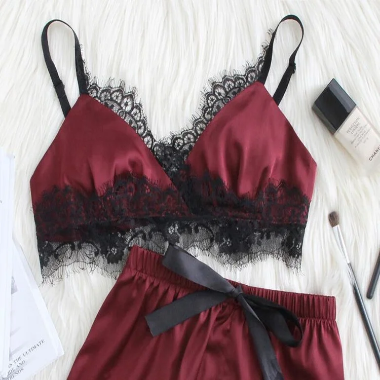 

Wholesale women nightwear sexy lingerie satin pajamas set with lace