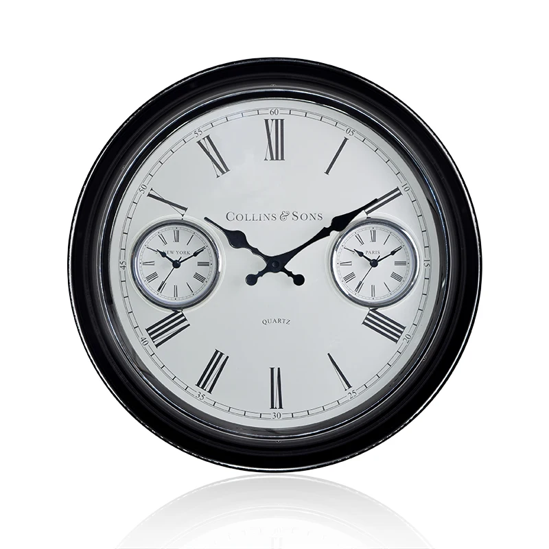 

Raymons Hot Sell Home Decoration Fashion Iron 16 Inch World Time 2 Dials with Chrome Bezel Wall Clock Metal for home decoration