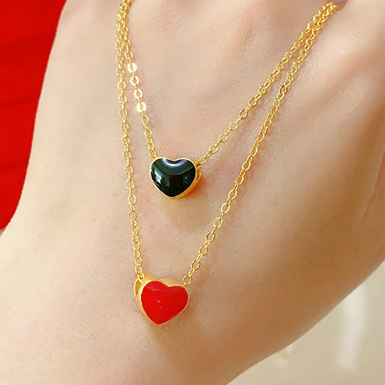 

HD0254 Gold Plated Paint Enamel Dripping Love Heart With Leather Rope Accessories Double Side Small Love Necklace Pendant
