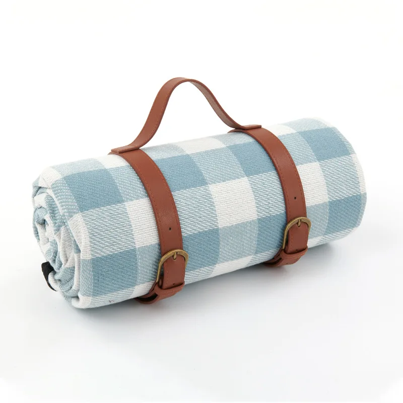 

Custom Large PEVA plaid travel foldable Beach Outdoor Waterproof Camping Mat Picnic Blanket for outdoors with belt handle