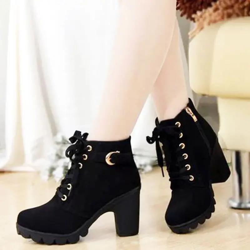 

Autumn and winter 2021 new high-heeled women's boots cross-strap short thick heel fashion boots leather boots