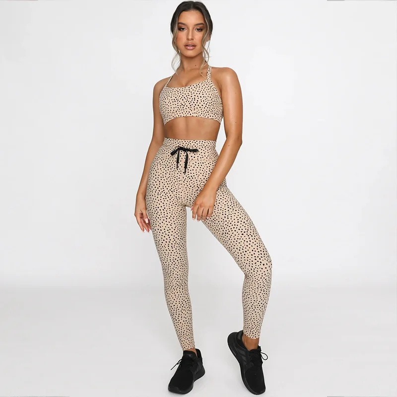 

Women Fitness Sets High Waist Tracksuit Sexy Bra Leggings Workout Patchwork Two Piece Dot Set Sports Women Sets, Black