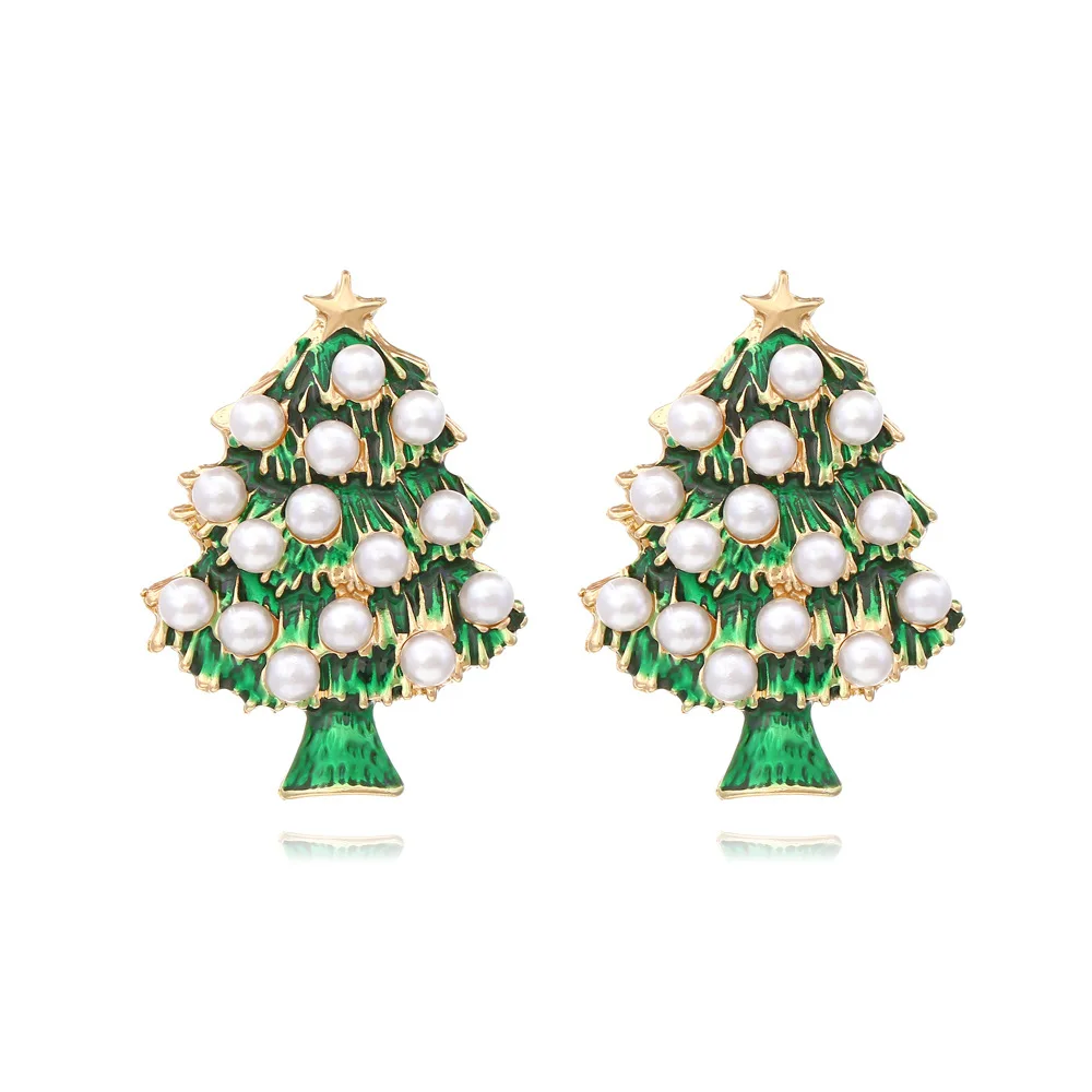 

European and American New Christmas Earrings Alloy Dropped Oil Inlaid Pearl Star Christmas Tree Earrings