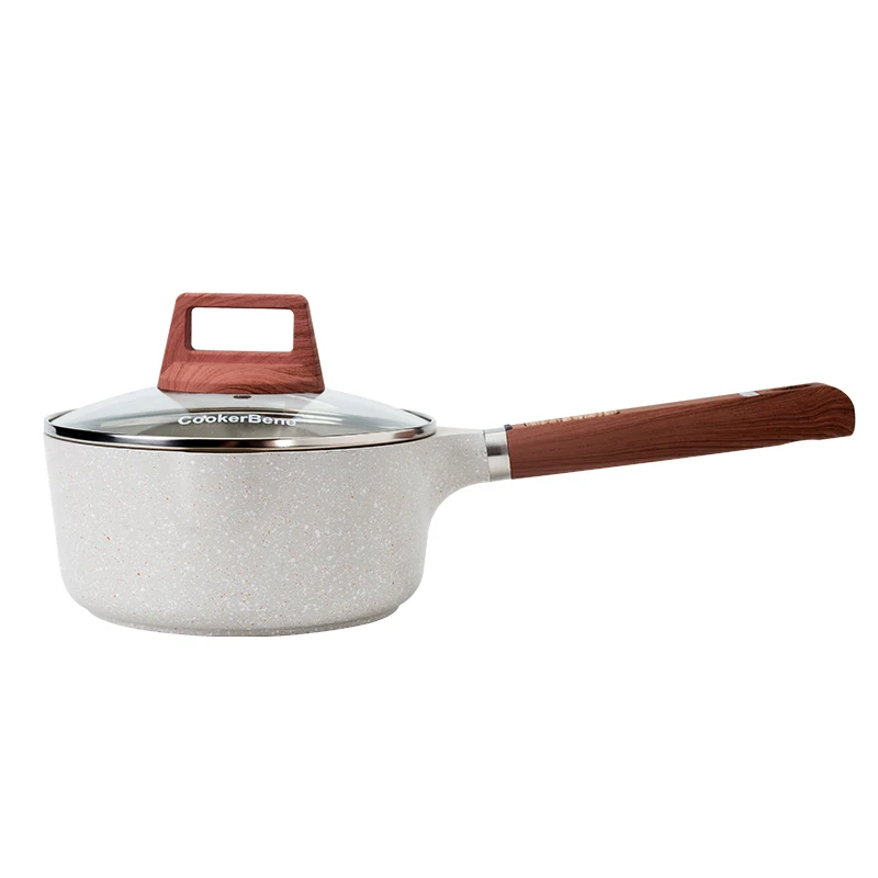 

16cm Long Handle Kitchen Equipment Non Stick Cooking Pots and Pans Milk Fry Pan with Glass Lid, Beige