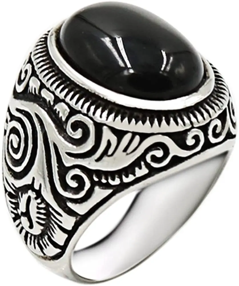 

Retro Vintage Stainless Steel Turquoise Onyx Ring natural stone ring stainless steel boy rings, White