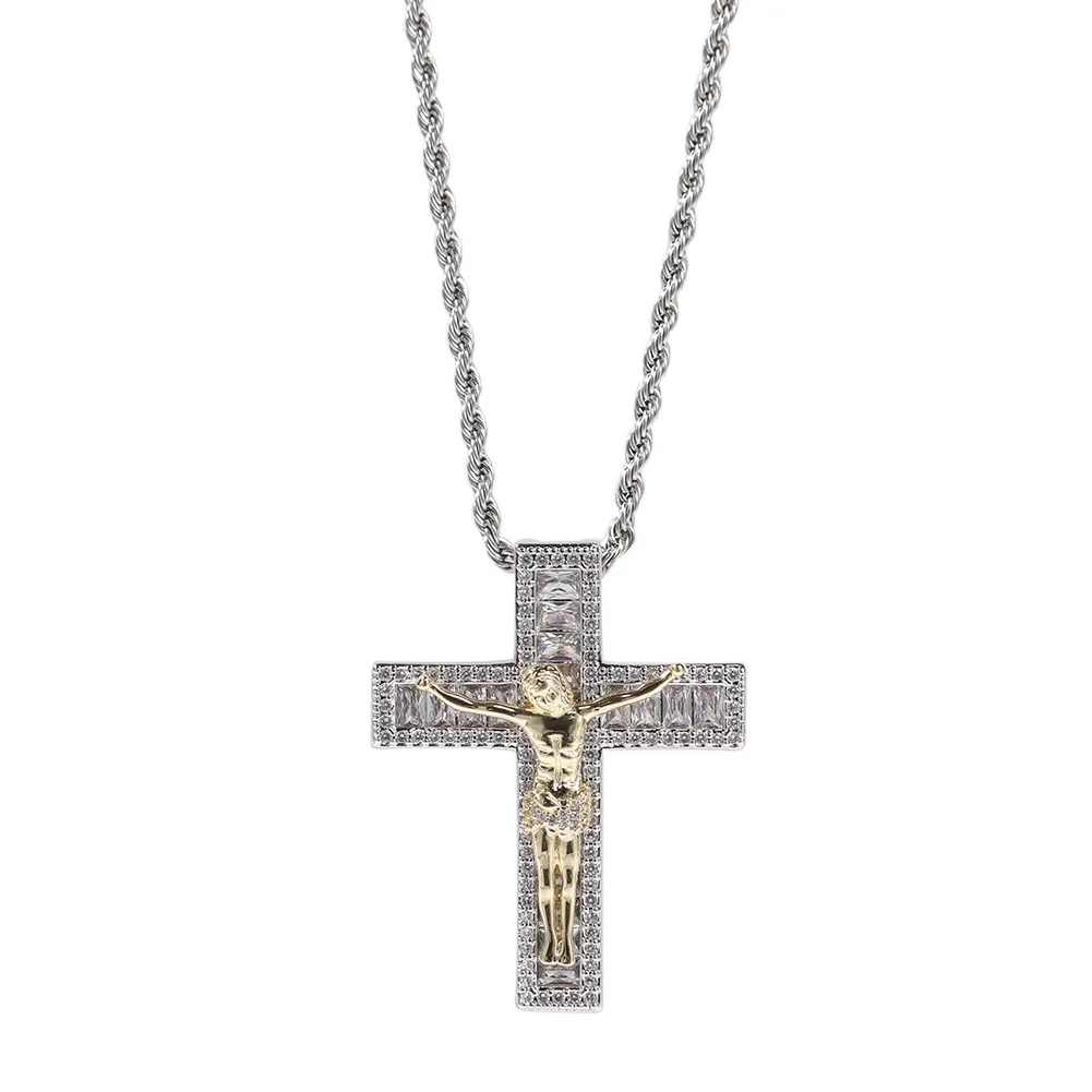 

2021 Hip Hop Cross Jesus Silver Gold Color Pendant Necklace Jesus Christ Cross Pendant Jewelry