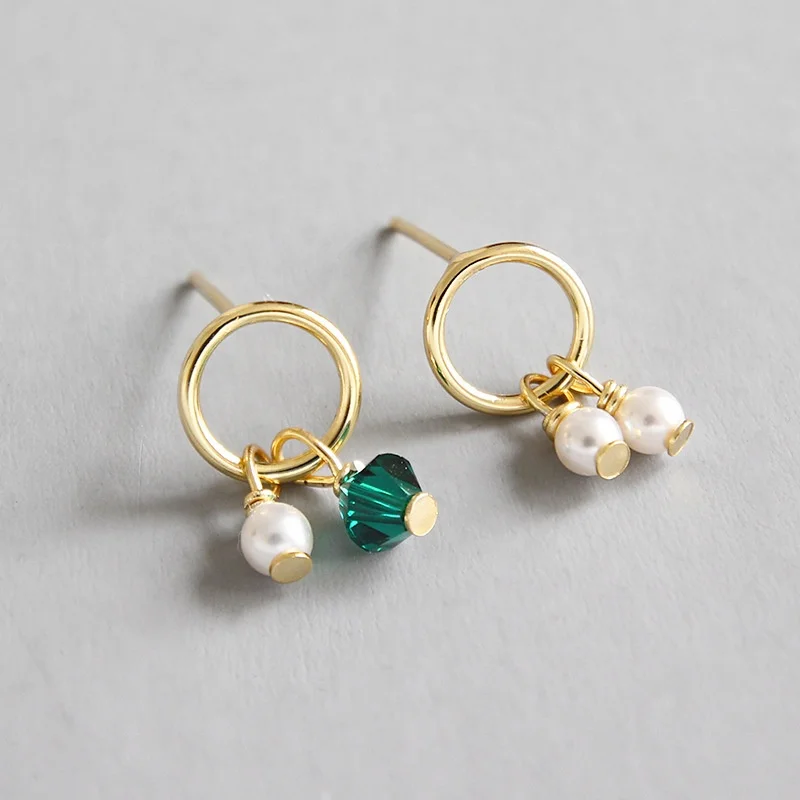 925 Sterling Silver Stud Earrings with Emerald Crystal Freshwater Pearl Bead Earrings