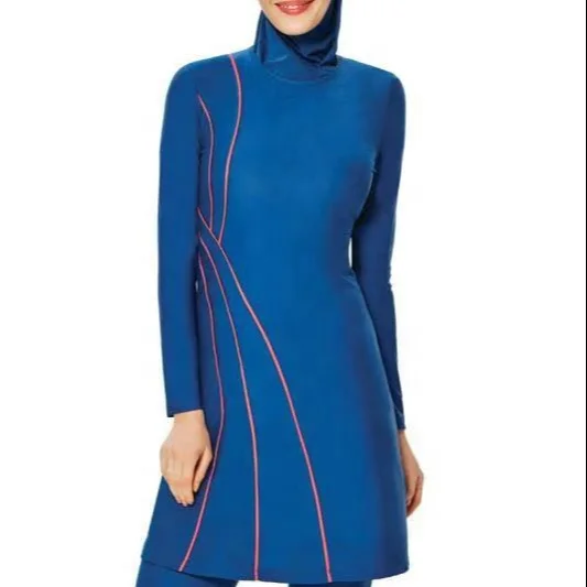 

MOTIVE FORCE Strips Colorblock Young Girls Muslim Swimwear OEM/ODM Service Factory Wholesale Sportwear, Navy blue + rose