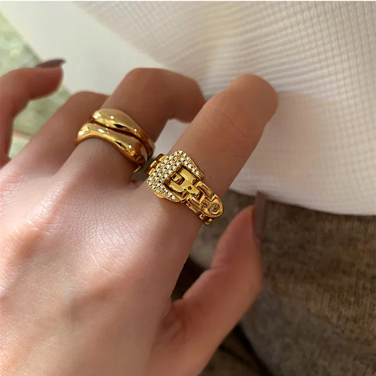 

HOVANCI Ins Hot Selling Personalized Gold Link Chain Finger Ring Cool Fashion Adjustable Crystal Belt Ring, As picture