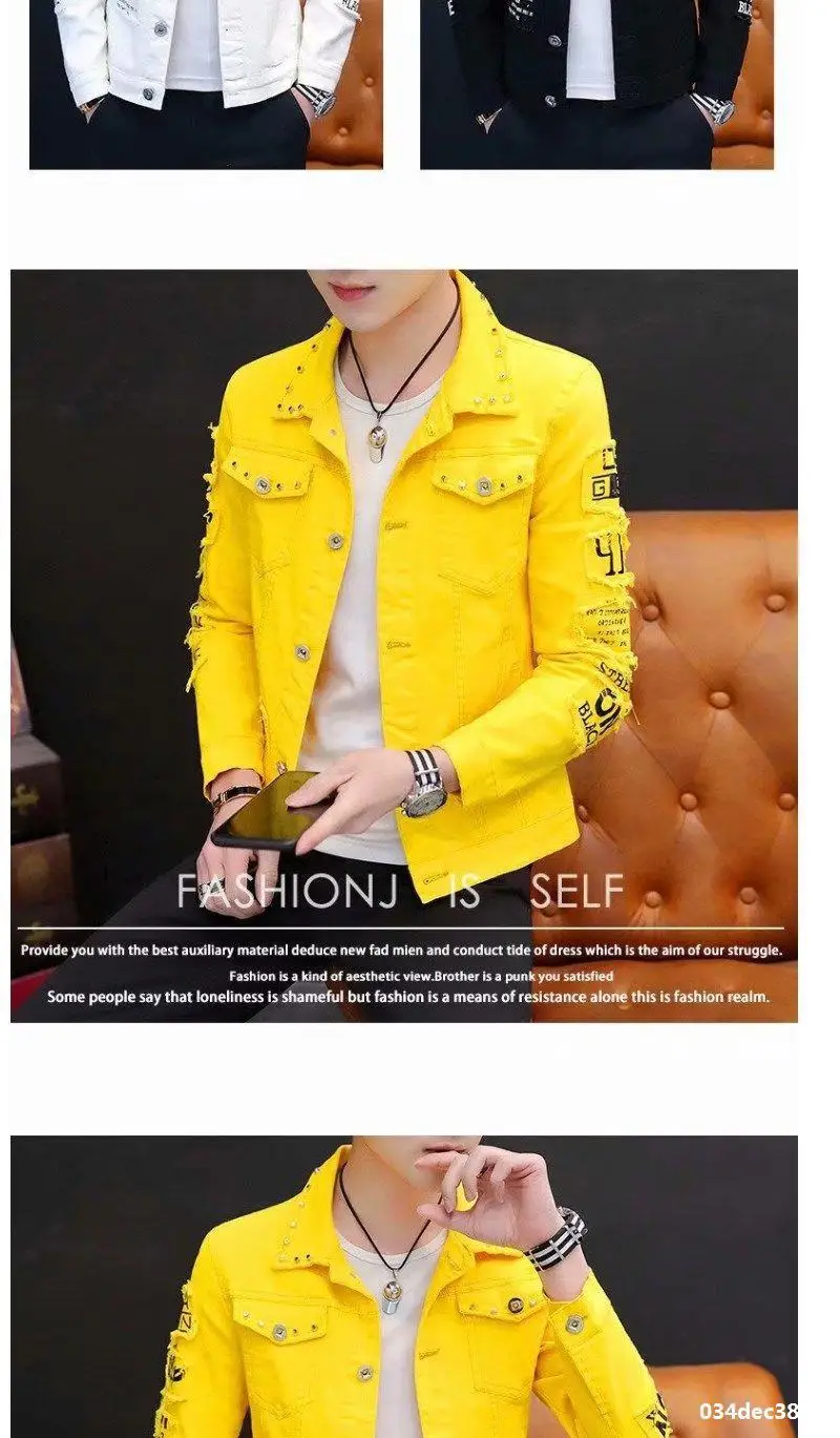 Men's Denim Jackets Male Nightclub Hip Hop Rivet Denim Coats Slim