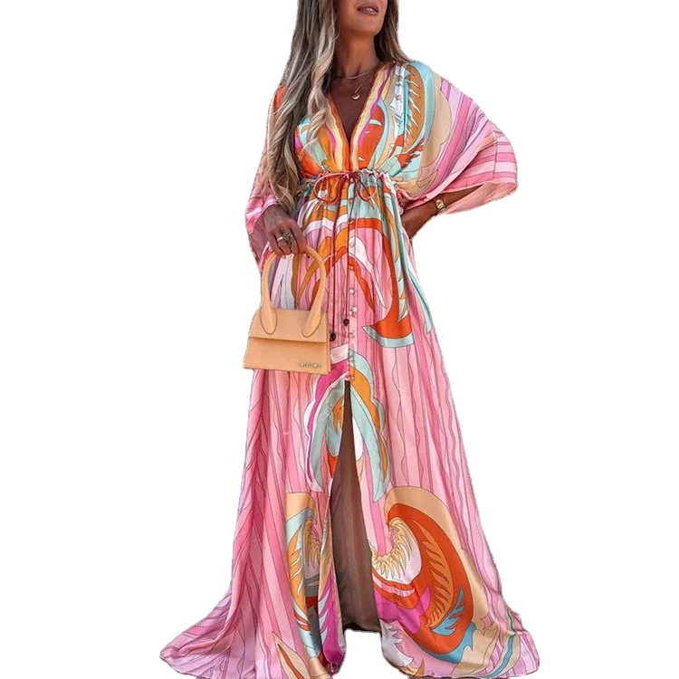 

Wholesale Vestido Dress Beachwear Summer Casual V Neck Floral Print Plus Size Loose Chiffon Sun Boho Women Maxi Dresses, Picture color