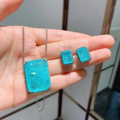 

Vintage Blue Diamond Zircon Necklace Earrings Jewelry Set S925 Silver Needle Gold Plated Paraiba Rectangle Pendant Jewelry Set