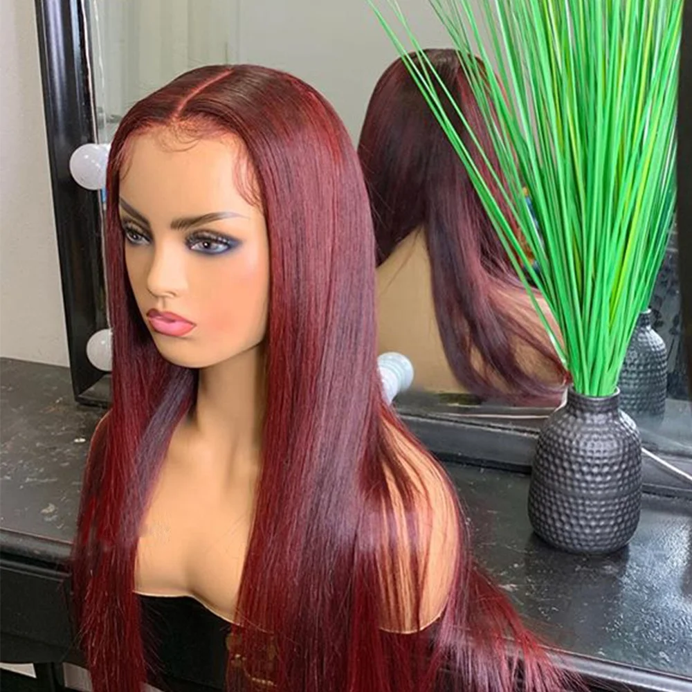 

Glueless Silky Straight Wave Red Burgundy 99j Lace Wigs Long Brazilian Virgin Human Hair Full Lace Wig For Black Women, Burgundy color