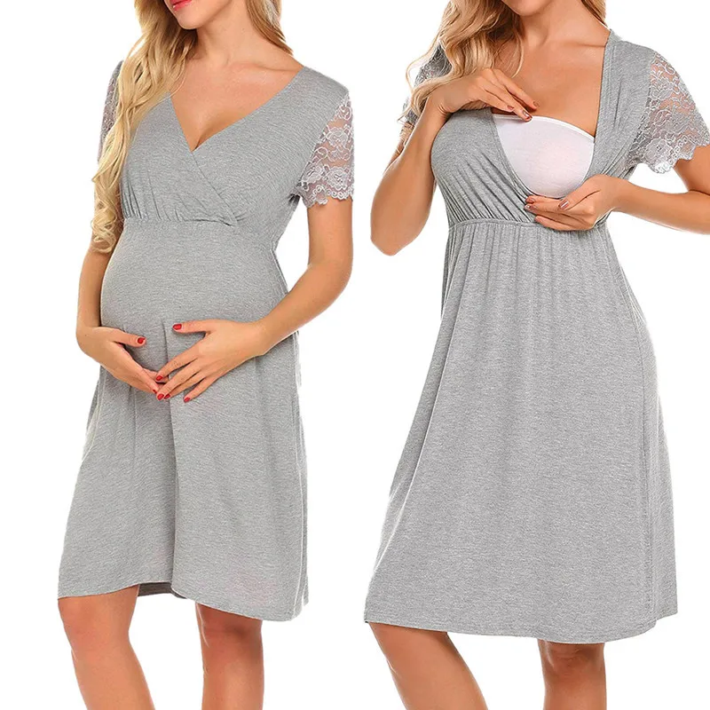 

Pregnant Woman Dress Solid Color Nusring Maternity Casual Clothes Lace Sleeve Maternity Dresses, Gray,red,purple