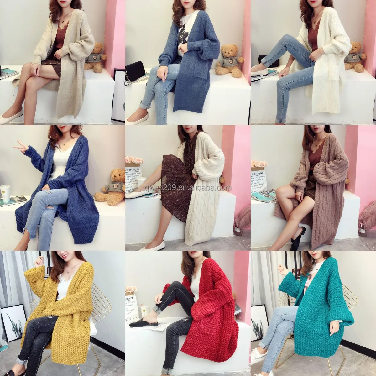 

2021 autumn and winter plus size women's solid color rhombus hollow knitted sweater coats thick warm cardigan jacket