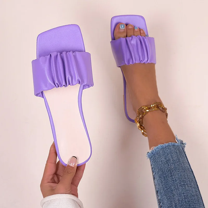 

Large size slippers women's 2022 summer square toe flat bottom low heel beach sandals and slippers wrinkled surface sandals, Customized color