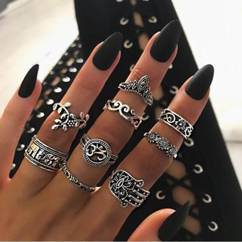 

9pcs/set Finger Set for Women Punk Elephant Flower Hollow Out Sliver Knuckle Rings Jewelry Gift 4618