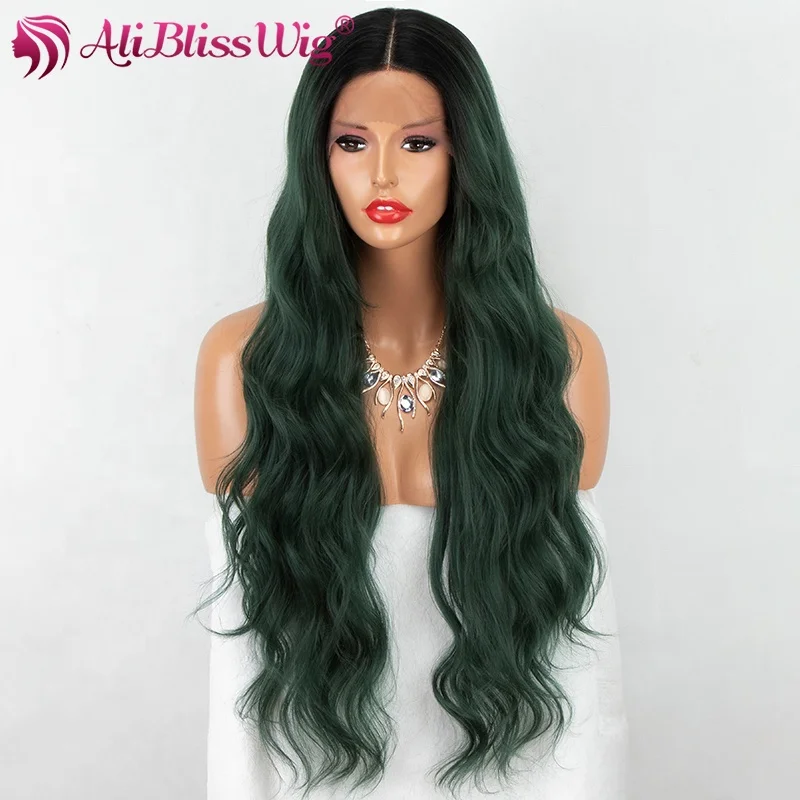 

Aliblisswig New Heat Resistant Fiber Hair 30" Extra Long Curly Deep Parting Dark Roots Ombre Green Lace Front Synthetic Wig
