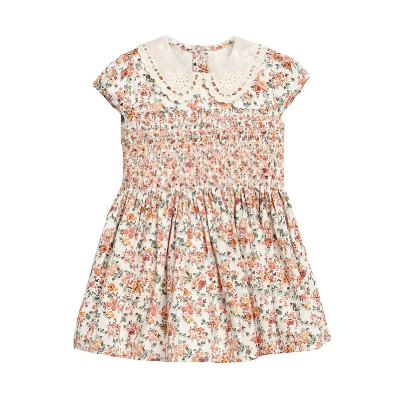 

2021 Summer Peter Pan Collar Woven Floral Kids Girl's Smocked Dress, Orange