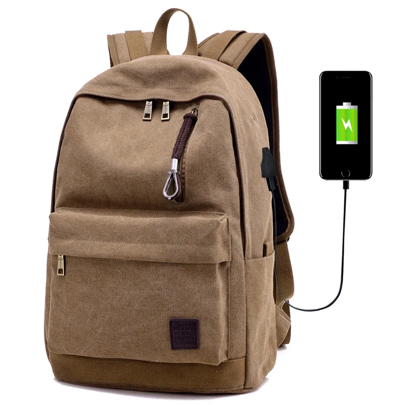 

New Canvas male backpack female backpack USB charging outdoor travel bag student backpack, Coffee /khaki/gray/black 4colors