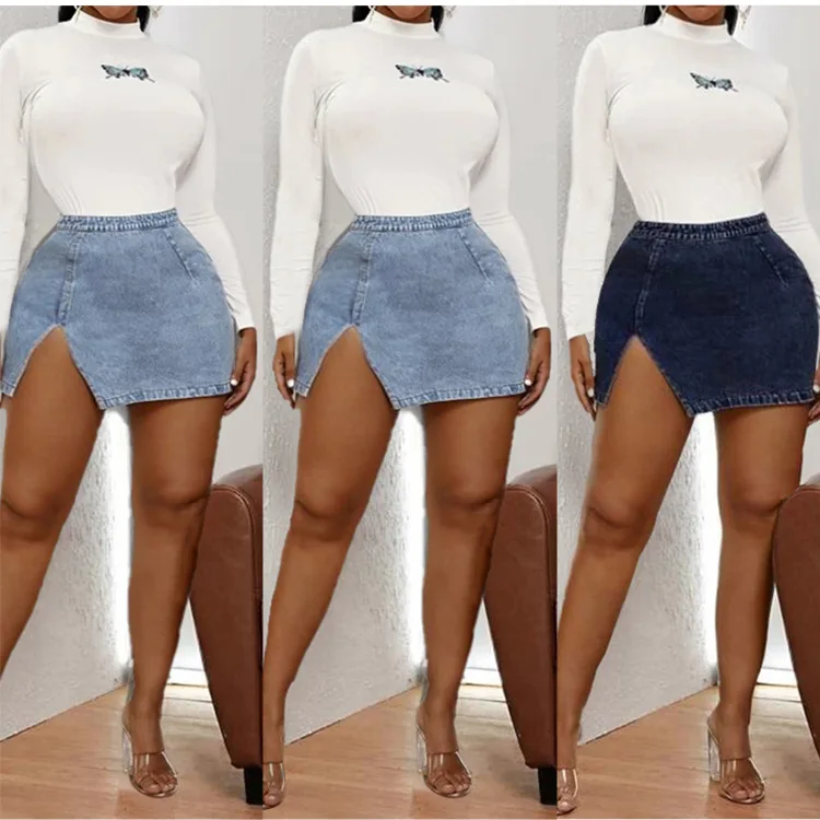 

Wholesale new arrivals women ladies XS high waist front split blue jean mini skirts, Photo shows