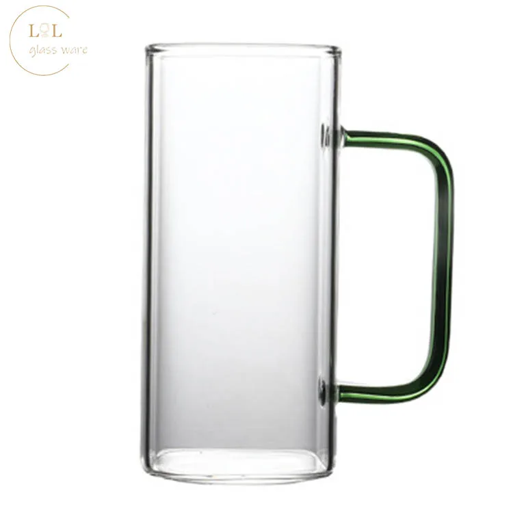 

Hot Sale 380ml Colored Handle Squared Glass Cup For Hot, Transparent clear