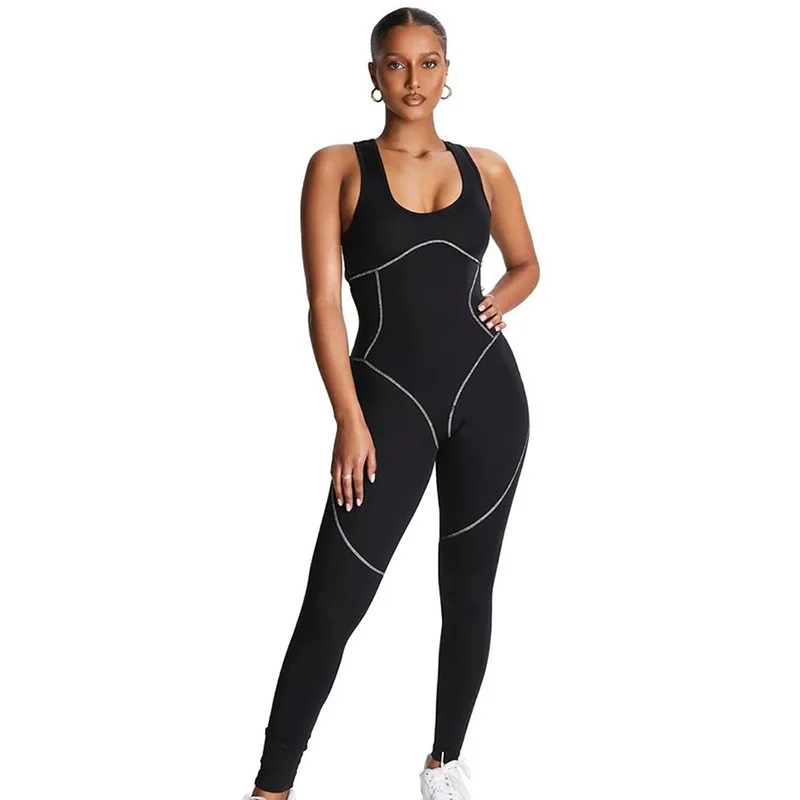 

2021 summer women clothing casual black spandex plus size sport yoga one piece fitness rompers and jumpsuits, Picture