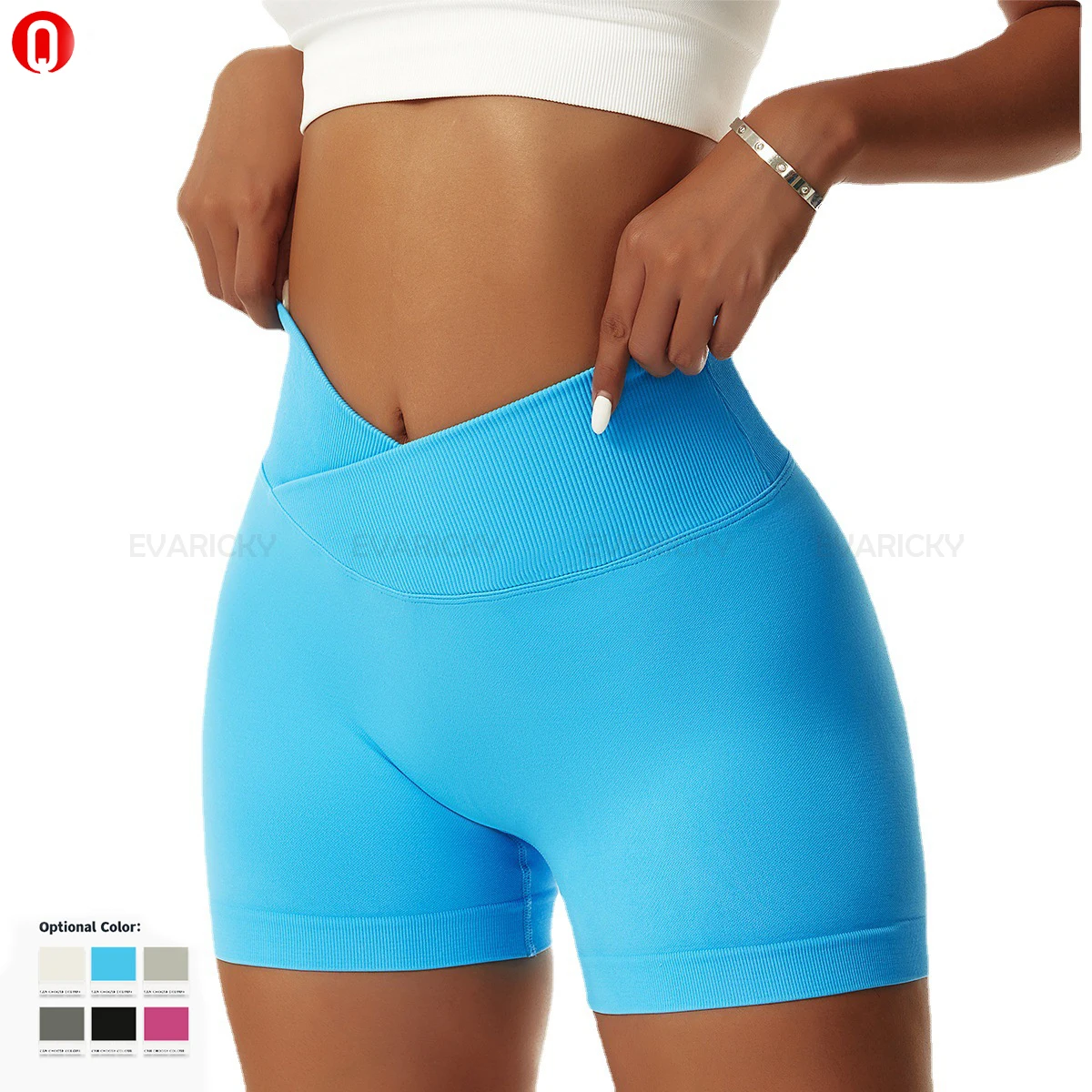 

Wholesale Seamless Yoga Biker Shorts Cross Waist Women Knitted Sports Shorts Scrunch Butt Gym Fitness Shorts