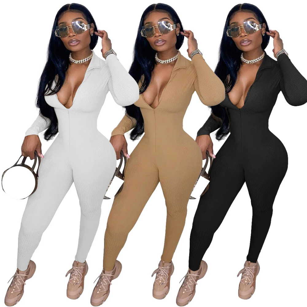 

MT185-88039 2021 New Arrivals Autumn Skinny Aesthetic Print Zipper Stretchy Women Jumpsuits Bodysuits