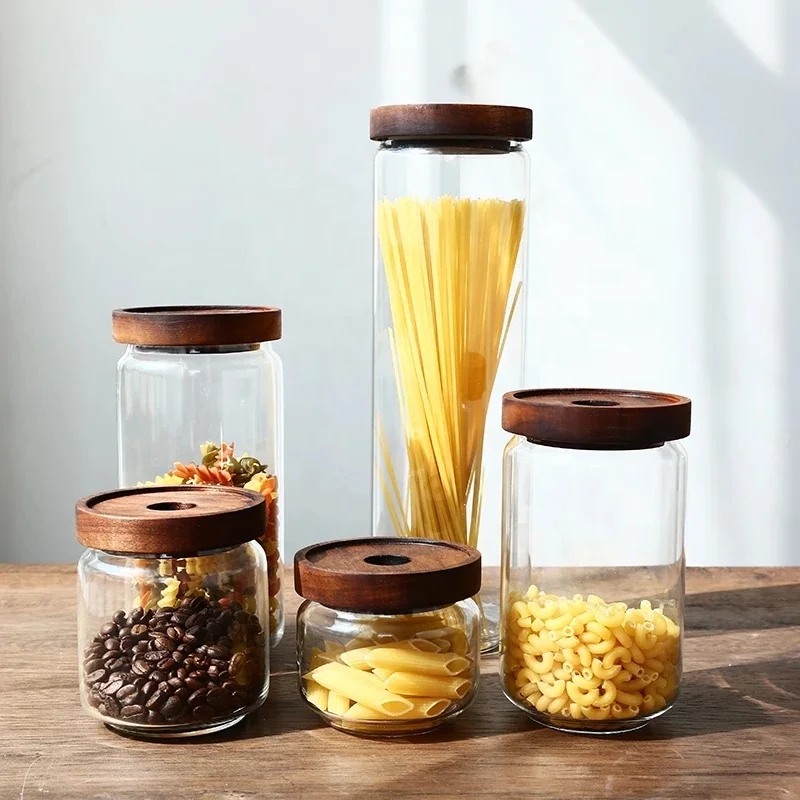 

Wholesale Glass Food Storage Containers with acacia wood Lids 500ml Food Preservation Refrigerator Safe glass jar