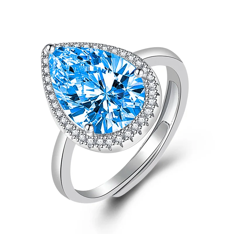 

Best Selling Silver Plating Multi Color Crystal Open Rings Bling Zircon Water Drop Diamond Rings For Women