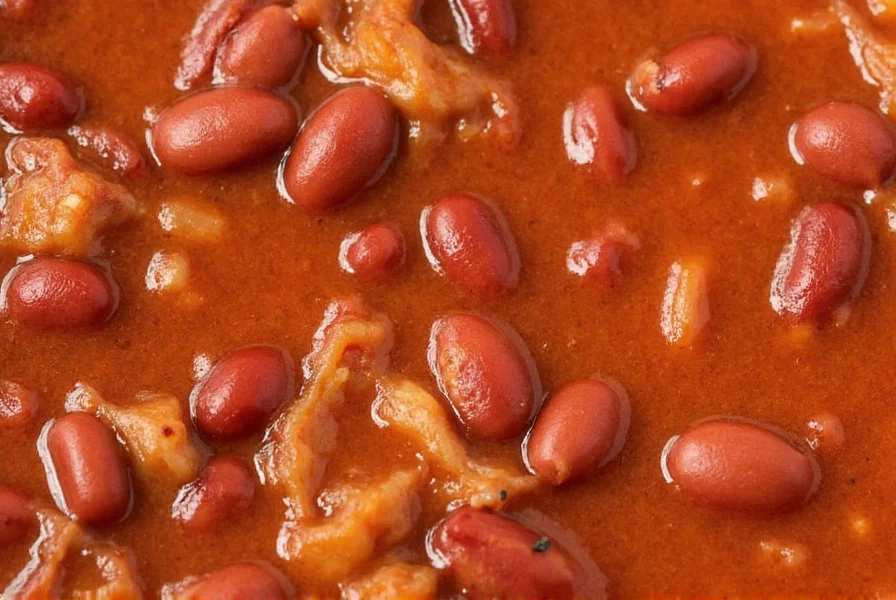 Close-up of Trader Joe's Mild Chili with Beans showing visible beef chunks and kidney beans in tomato broth