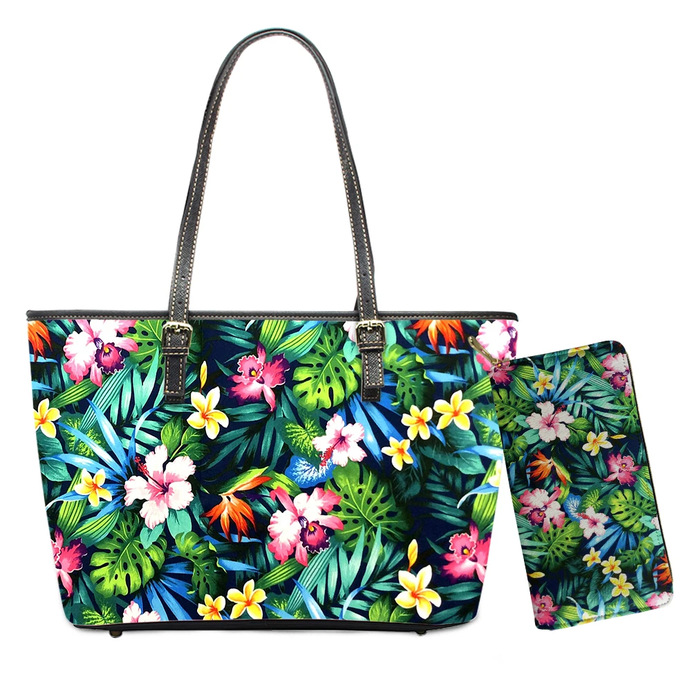 

Ladies Purse 2 Set Polynesian Tribal Floral Print Women Handbag And Purse Tote Bag Wallet Bag For Ladies Hibiscus Flowers
