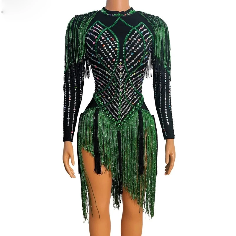 

Green Party Dress Rhinestone Fringe Spandex Birthday Celebrate Prom Show Wear Women Dancer Show Club Dress