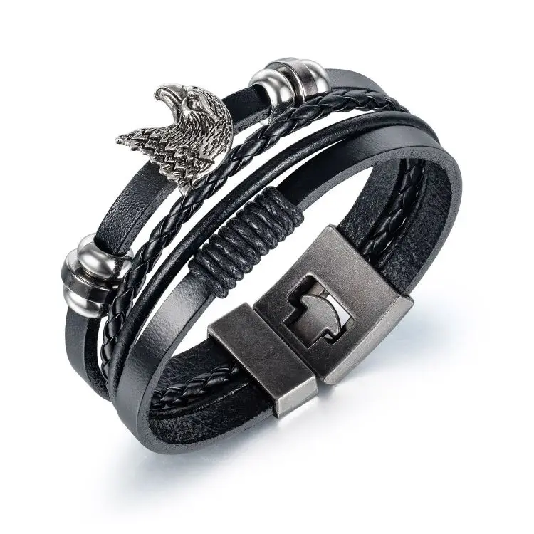 

New Arrival Retro Wrap Eagle Charm Mens Leather Bracelet Charm Multilayer Braided bracelet