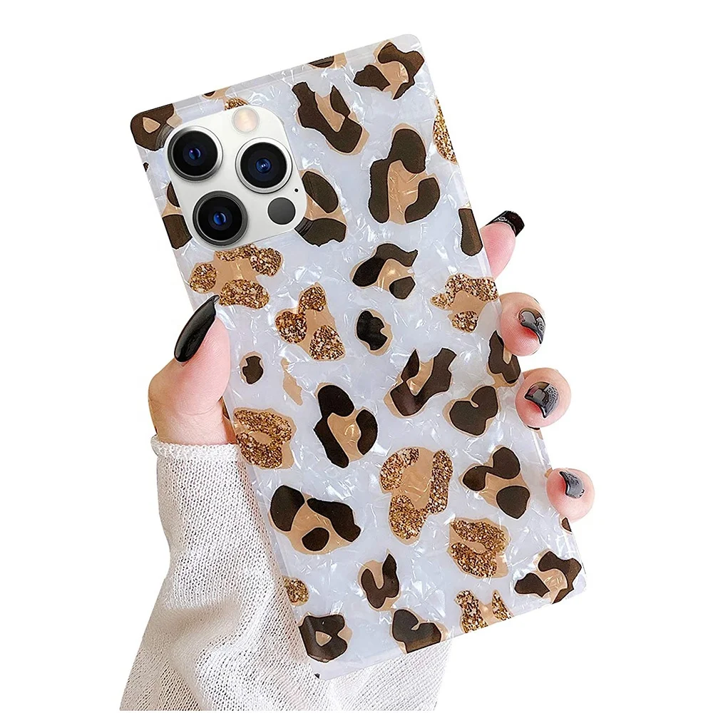 

Fashion Leopard Shell Square Phone Case Cute Animal IMD Print soft TPU Cover Case for iPhone 13 12 11 Pro Max XR XS MAX 8 7 Plus