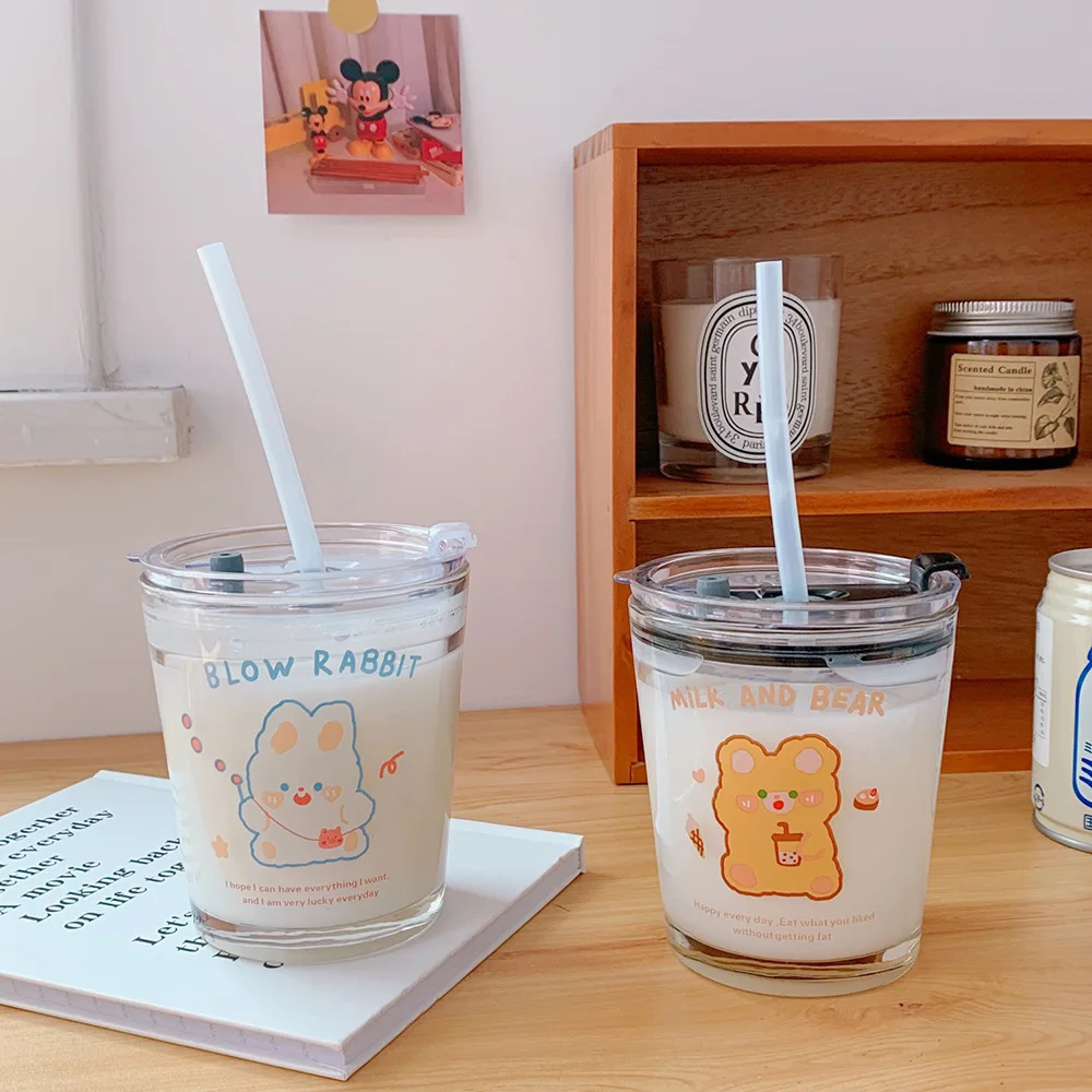 

Anti-scalding double glass cup ins wind simple frosted cute printing pattern sheep coffee milk cup with straw, Cartoon