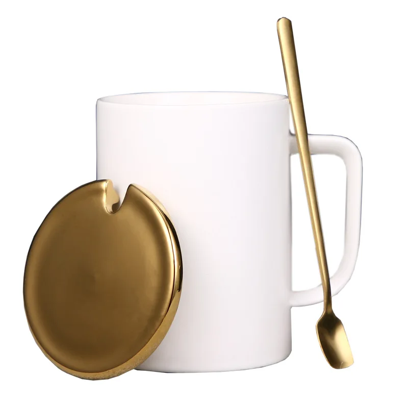 

plain white black gold lid ceramic mug with gold spoon, White and black