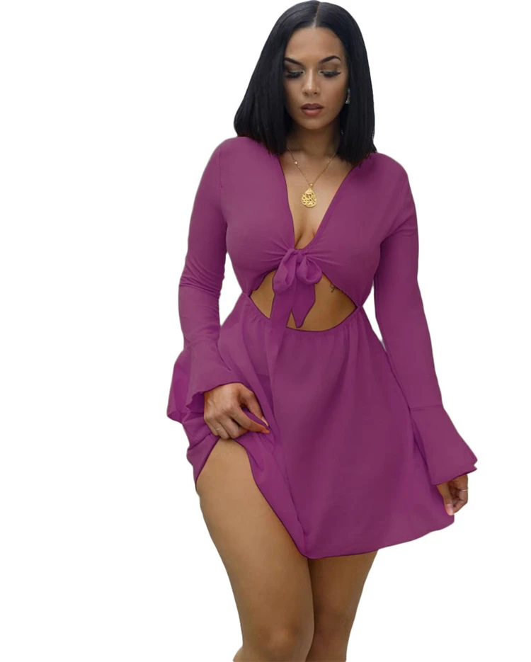 

New style fashion leisure solid color sexy club skirt summer long sleeve v neck dress 2021 women clothing