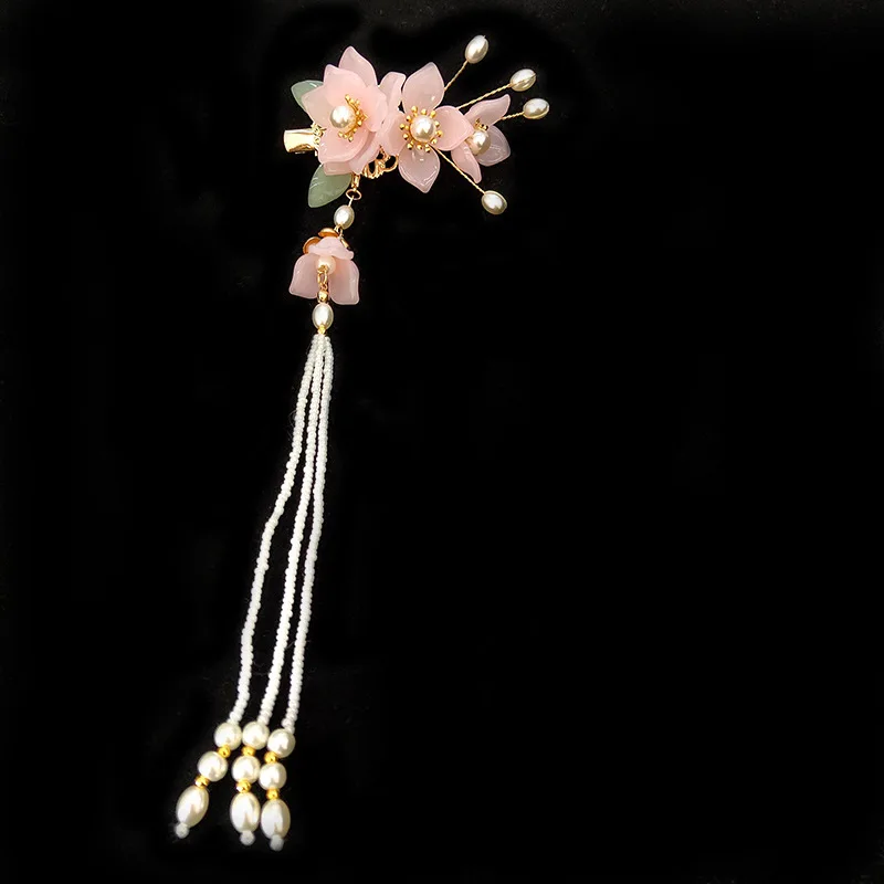 

Chinese Style Classical Handmade Pink Flower Decoration Ethnic Bridal Japanese Wedding Hair Accessories Pearl Tassel Hair Pins