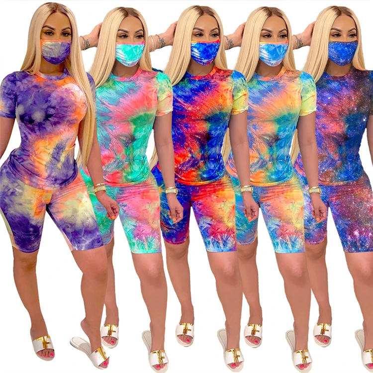 

2021 Ladies Tie Dye 2 Piece Set Outfits Summer Printing Cotton Two Piece Shorts Set For Women With FaceMasks, As pictures or customized color