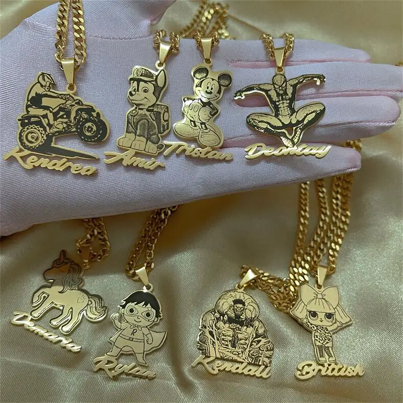 

Fashion hot sale jewelry gifts custom name gold chain kids cartoon pendants necklace, Picture